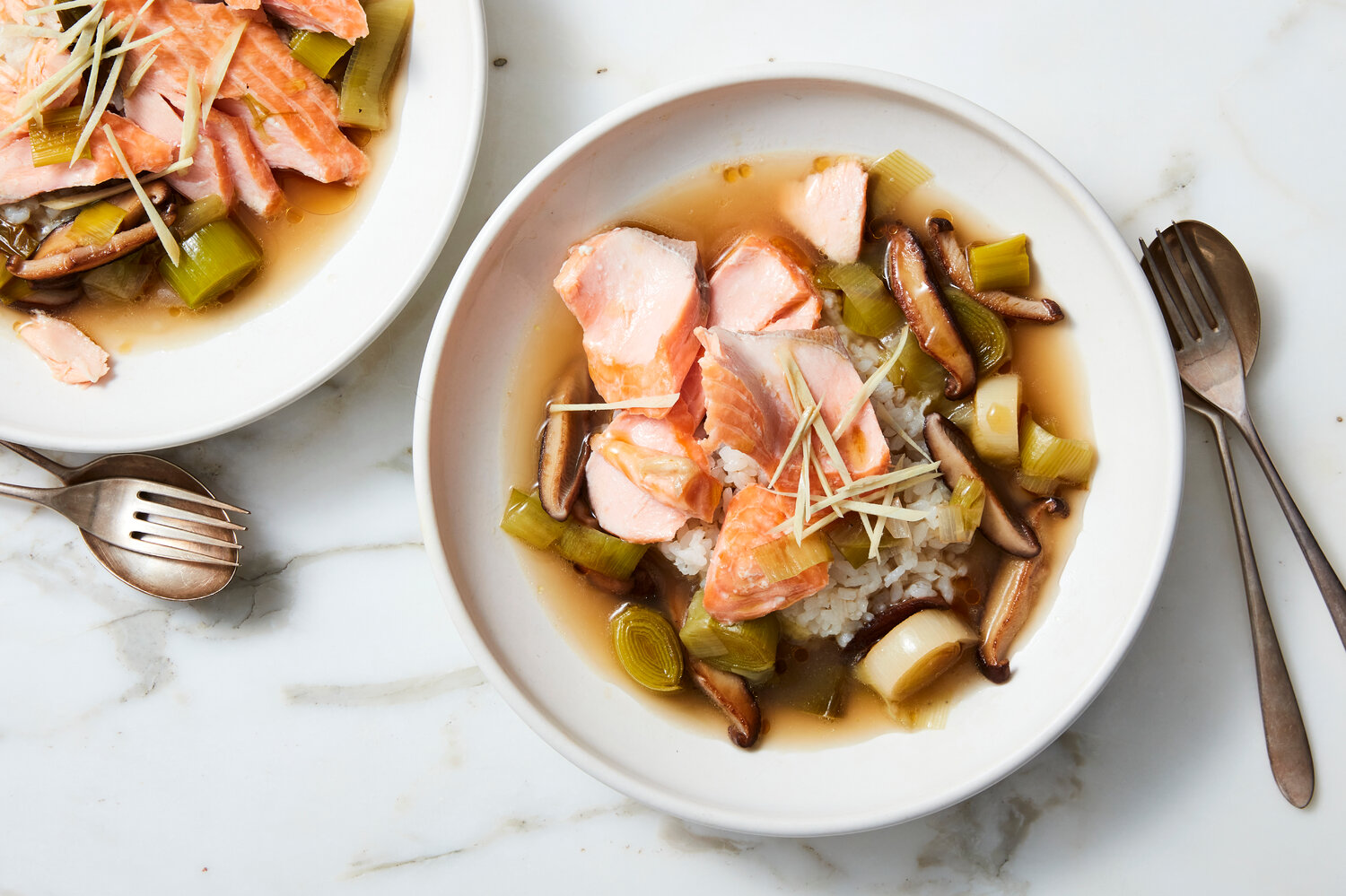 Slow-Roasted Salmon With Mushroom-Leek Broth Recipe