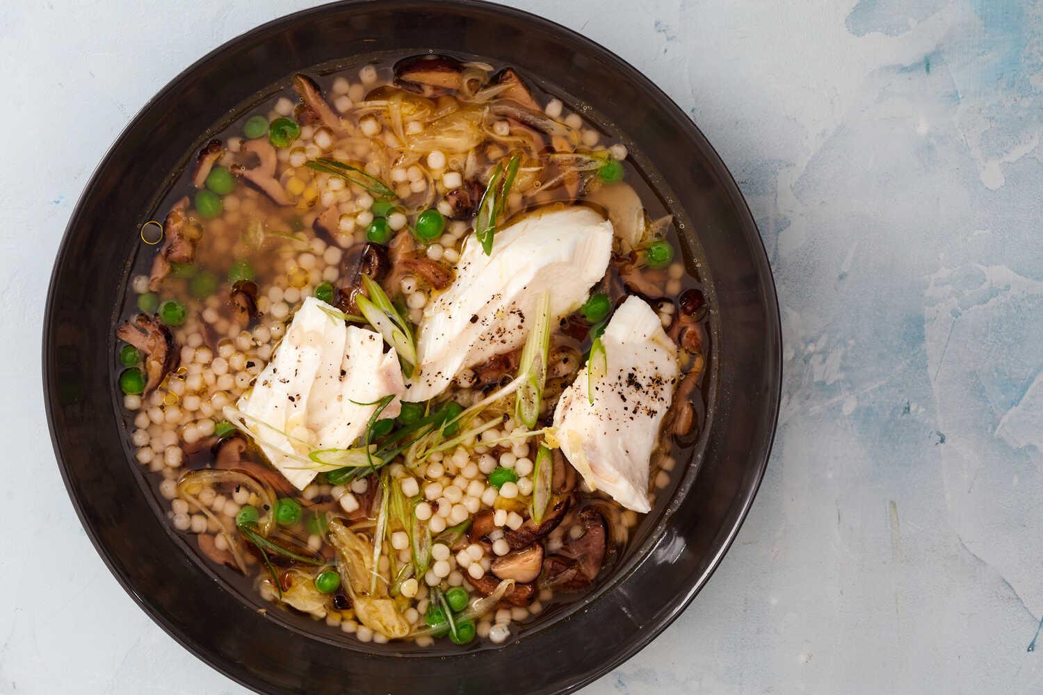 Brothy Cod With Peas and Mushrooms Recipe