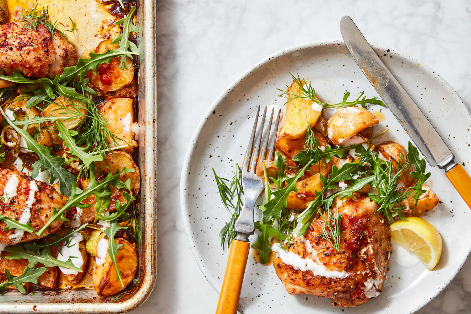 Sheet-Pan Chicken With Potatoes, Arugula and Garlic Yogurt Recipe (with Video)