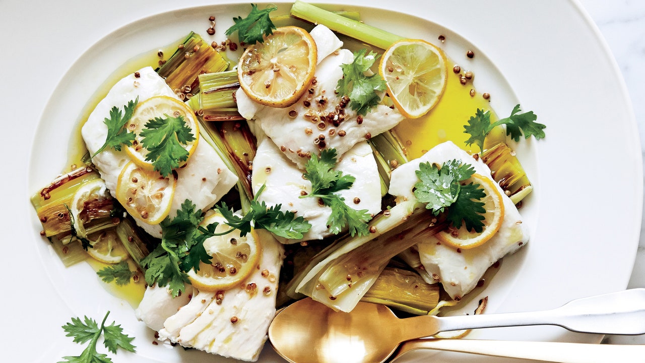 Halibut Confit With Leeks, Coriander, and Lemon Recipe | Epicurious