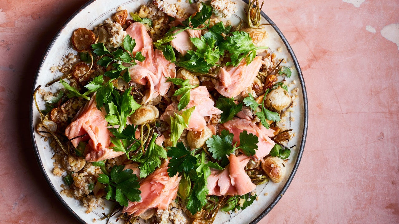 Roasted Salmon with Celery and Bulgur Salad Recipe | Epicurious