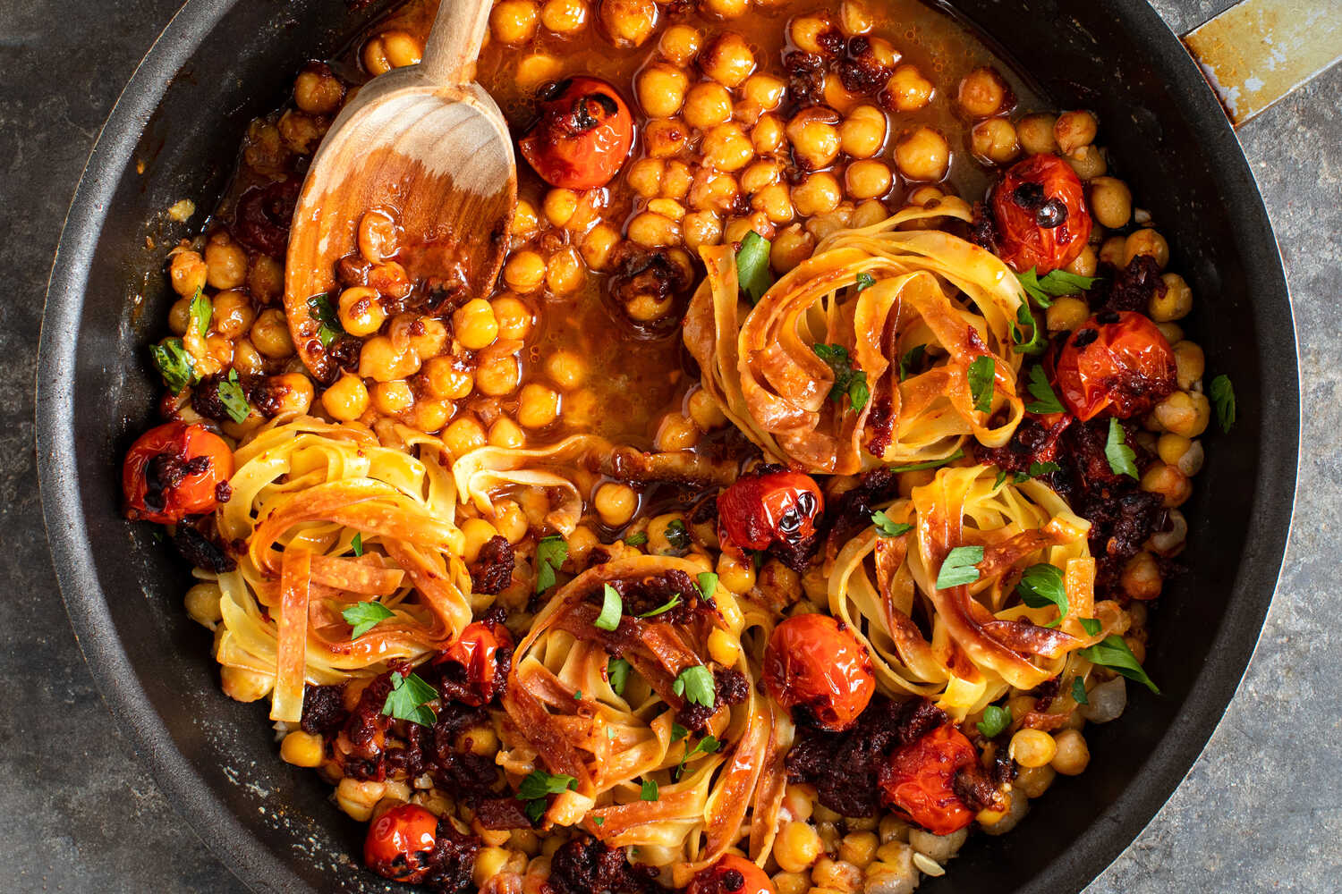 Fried Tagliatelle With Chickpeas and Smoky Tomatoes Recipe