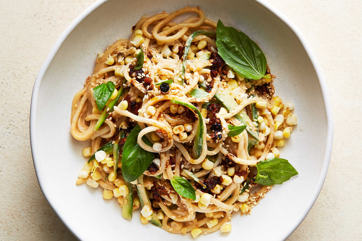 Cold Sesame Noodles With Cucumber, Corn and Basil Recipe